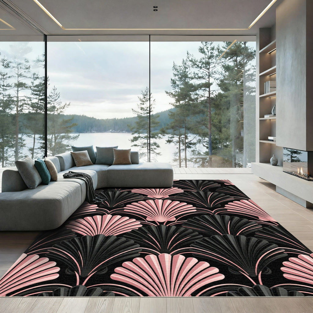 Art Deco Shell Blush Black Rug