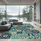Teal Navy Floral Medallion Vase Tiles Rug