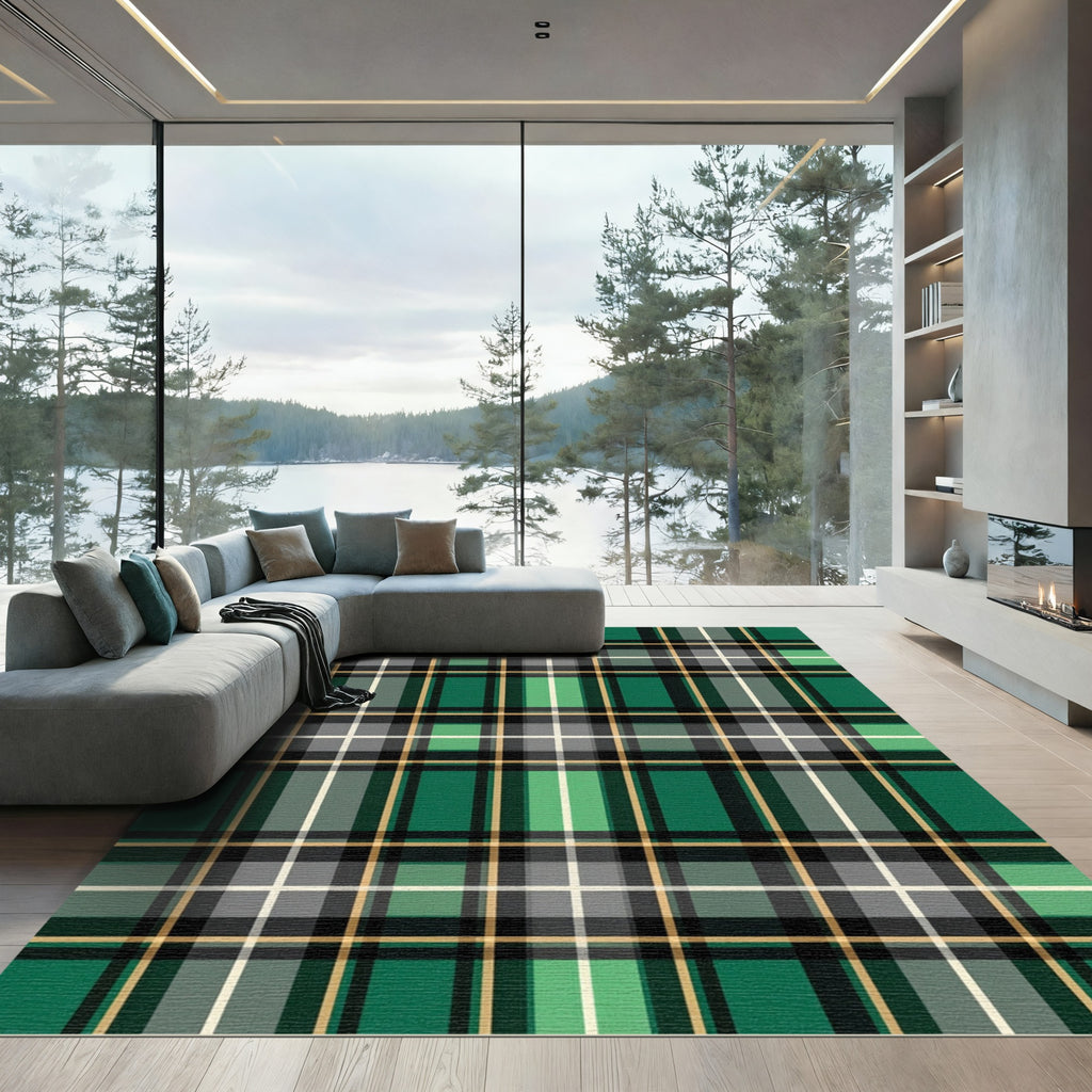 Green Beige Black White Plaid Lines Rug