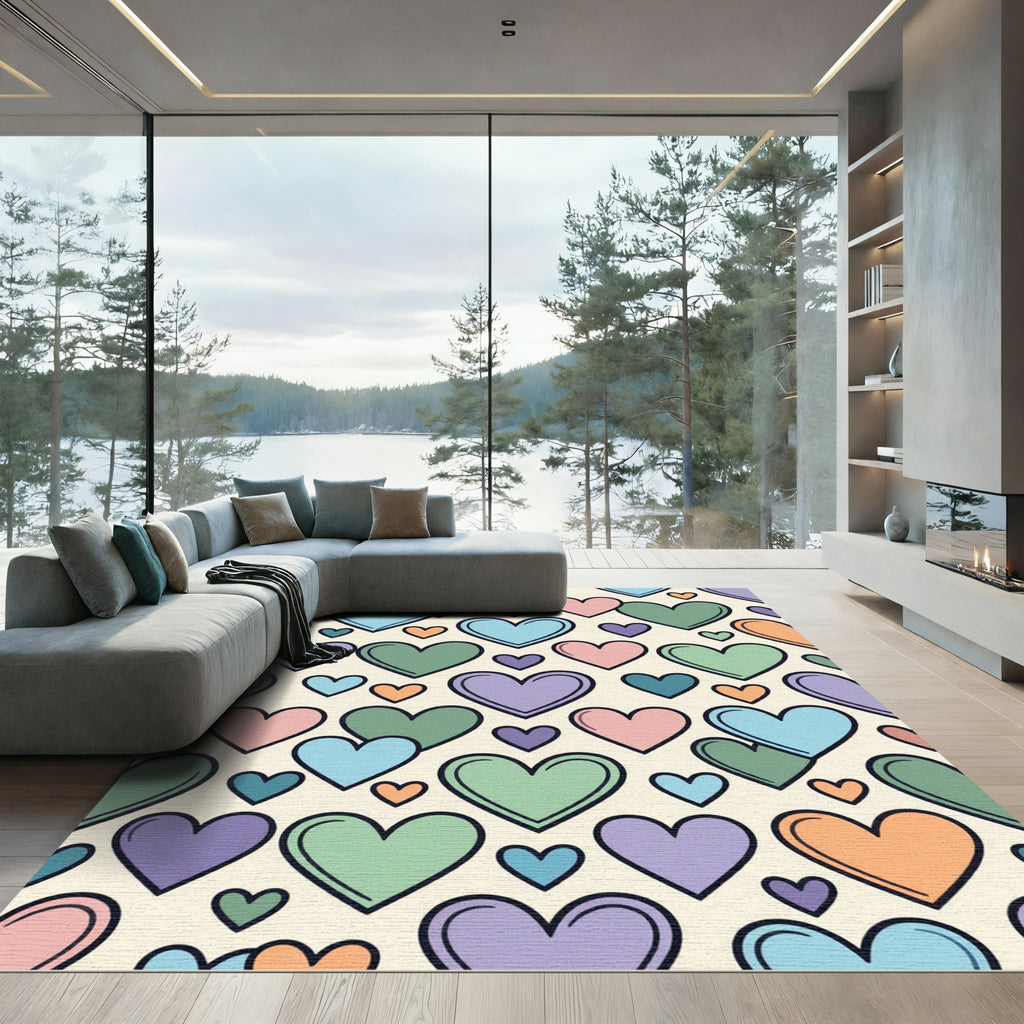 Playful Pastel Heart Scattered Grid Rug