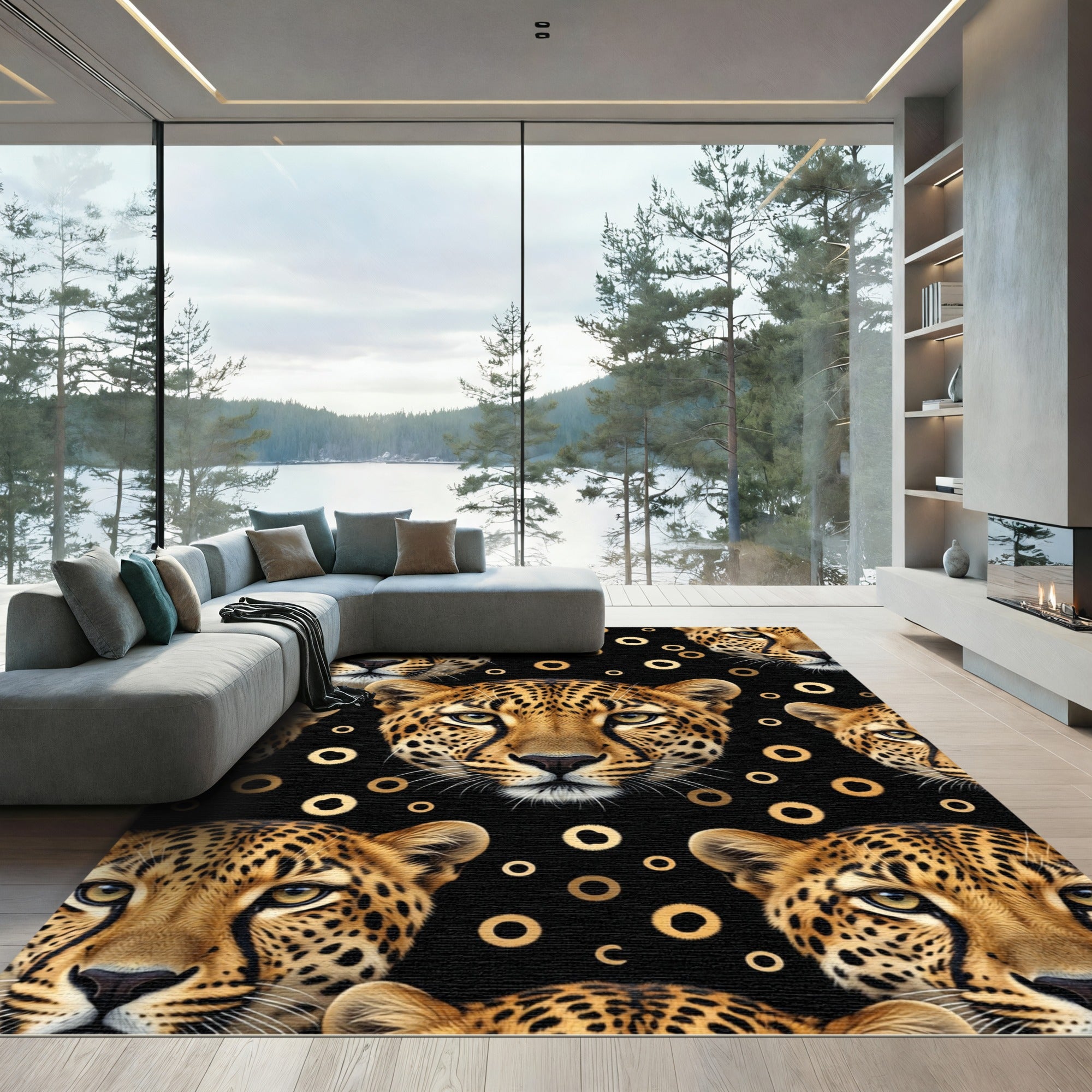 Golden Cheetah Heads with Ring Accents Rug