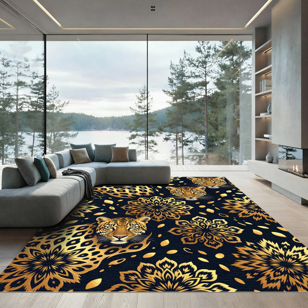 Golden Leopard Floral Mandala Collage Rug