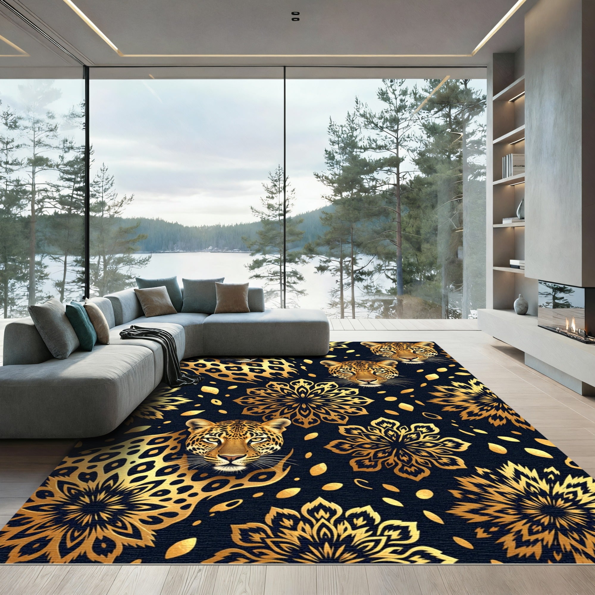 Golden Leopard Floral Mandala Collage Rug