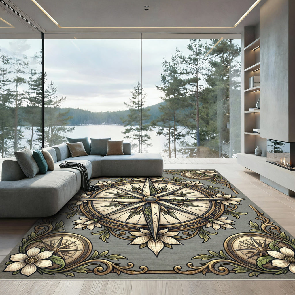 Elegant Floral Compass Gray Botanical Rug