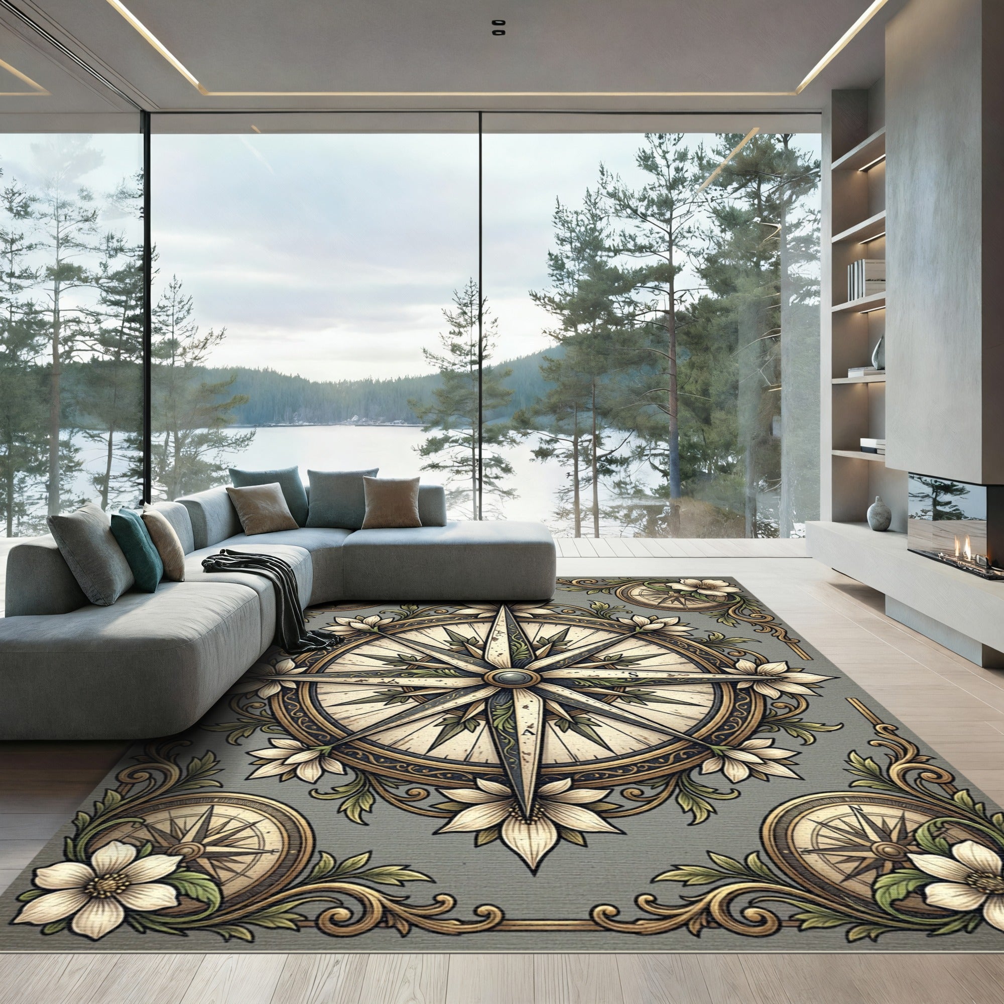 Elegant Floral Compass Gray Botanical Rug