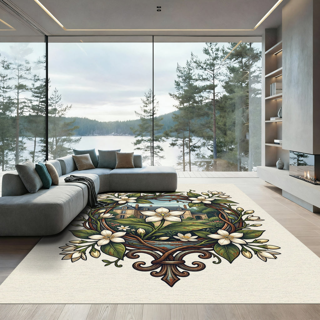Elegant White Jasmine French Manor Wreath Rug