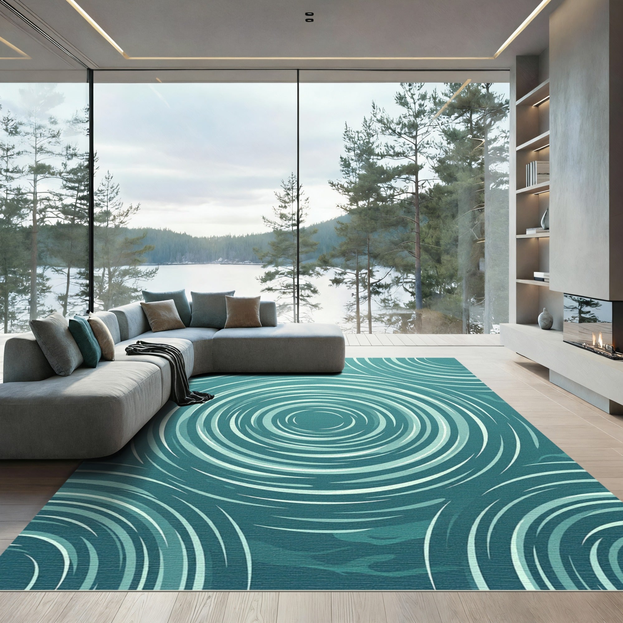 Turquoise Ripple Swirl Arrangement Rug