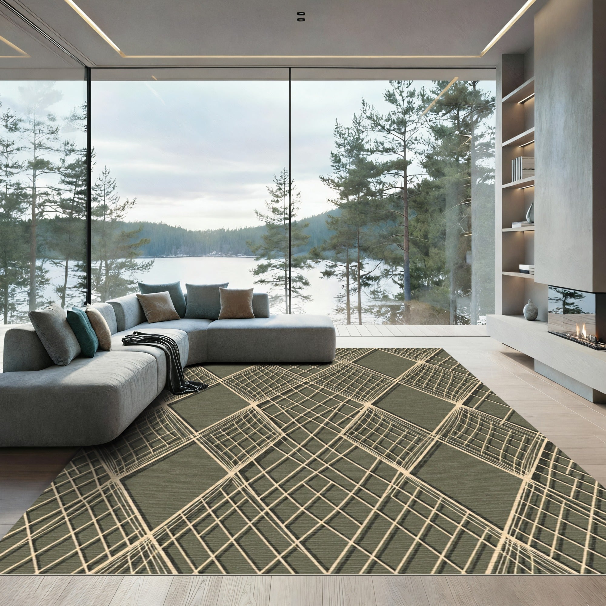 Olive Green Intersecting Geometric Diamond Grid Rug