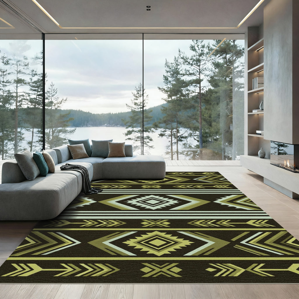 Earthy Green Geometric Tribal Arrow Rug