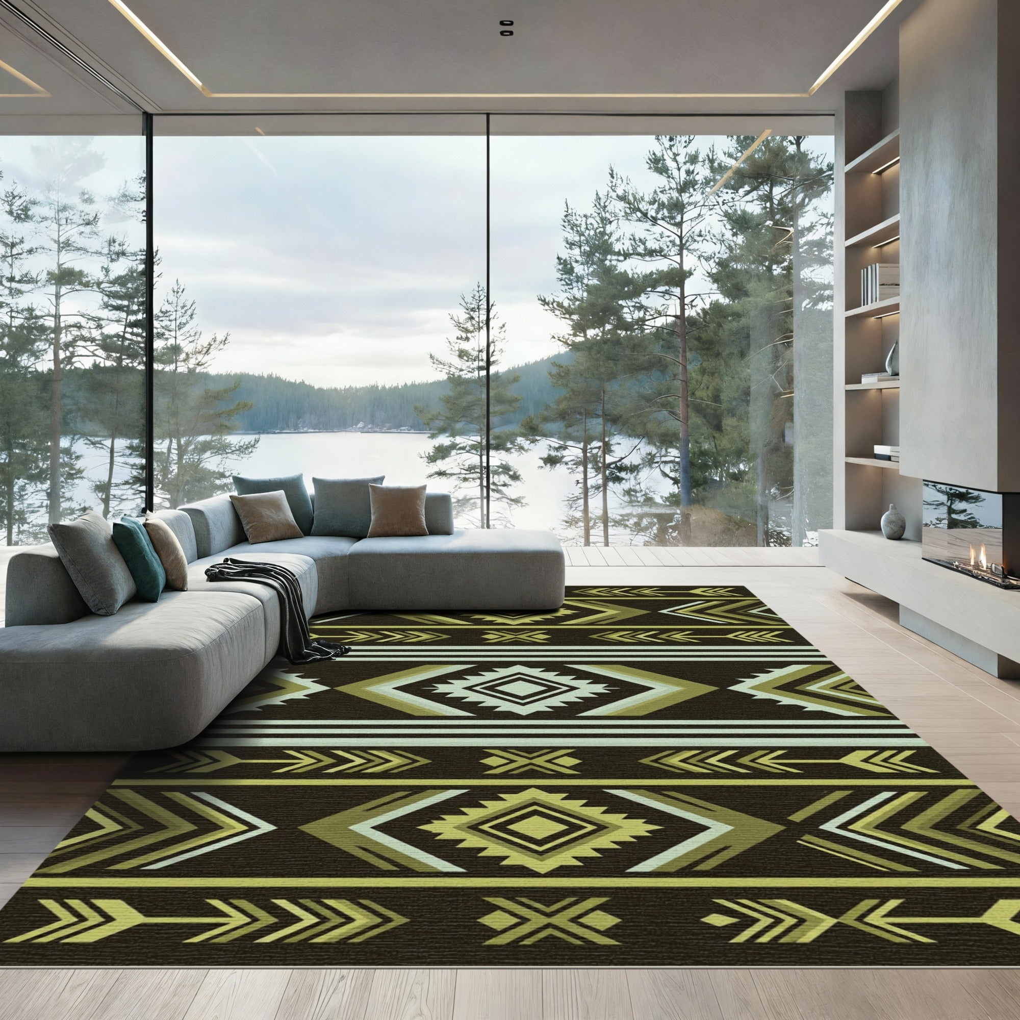 Earthy Green Geometric Tribal Arrow Rug