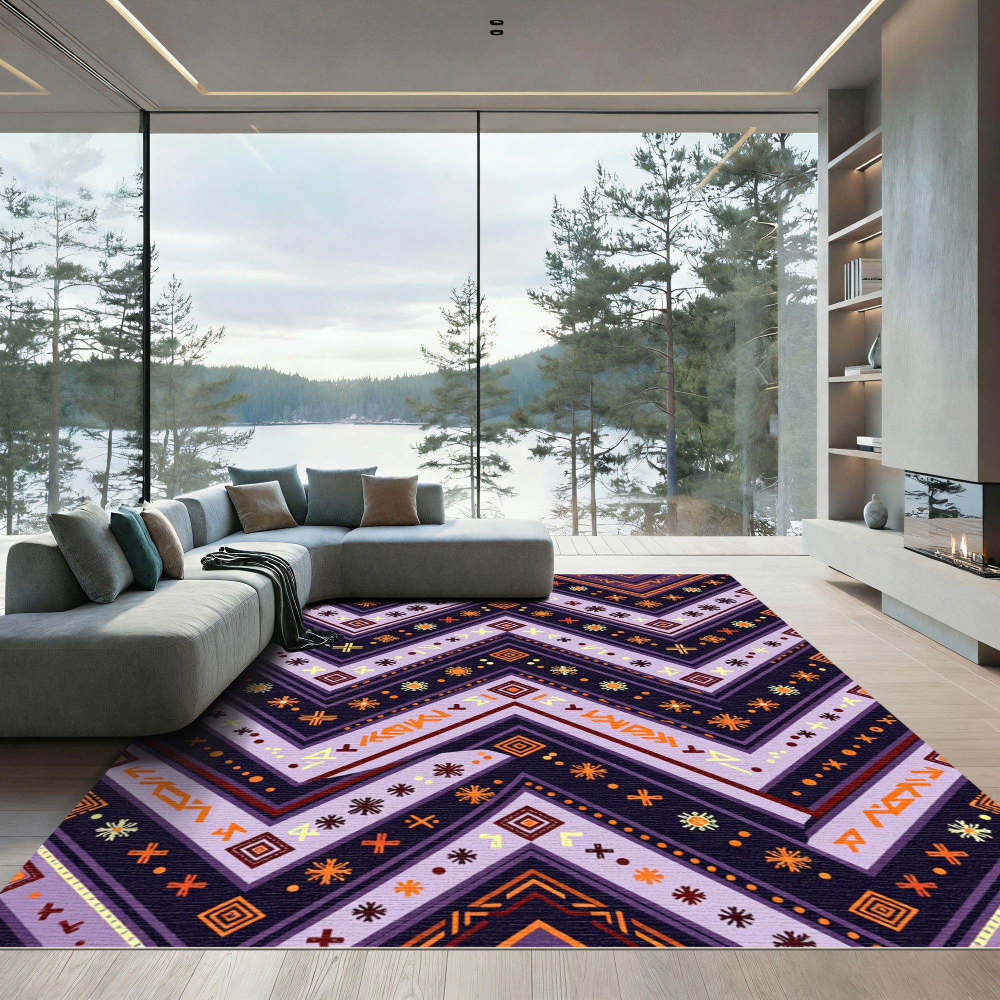 Purple Orange Tribal Chevron Rug