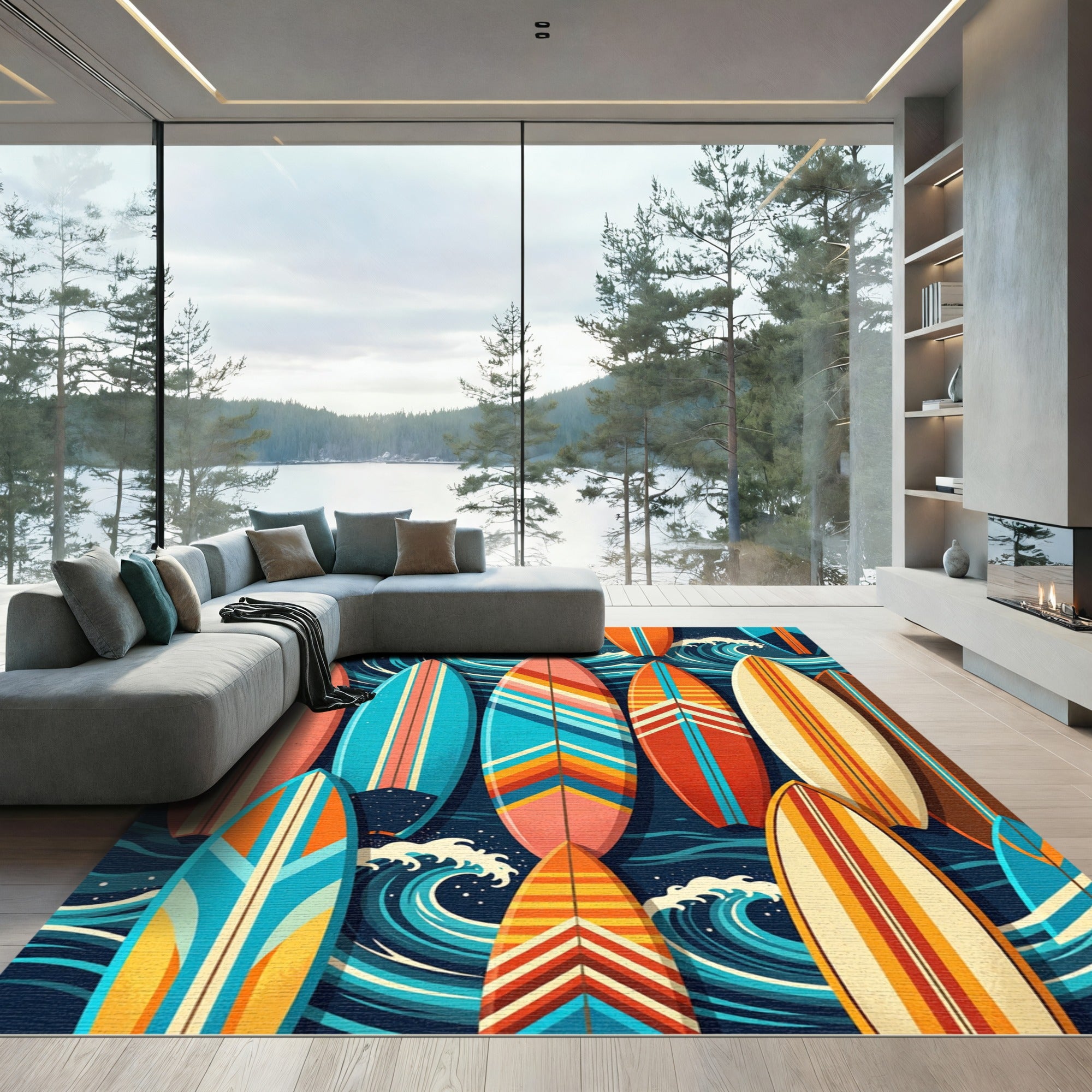 Retro Surfboard Wave Ocean Art Rug