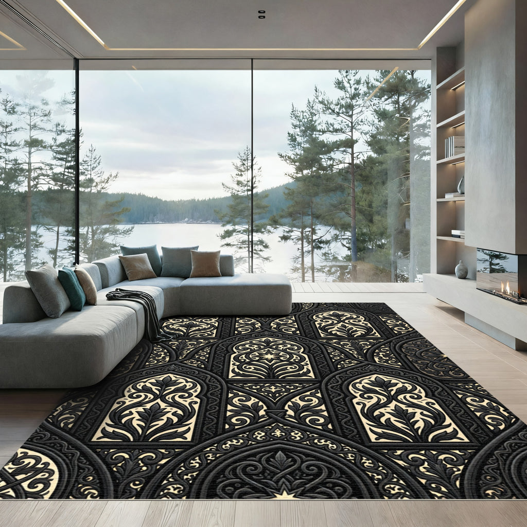 Dark Gothic Arched Floral Damask Rug