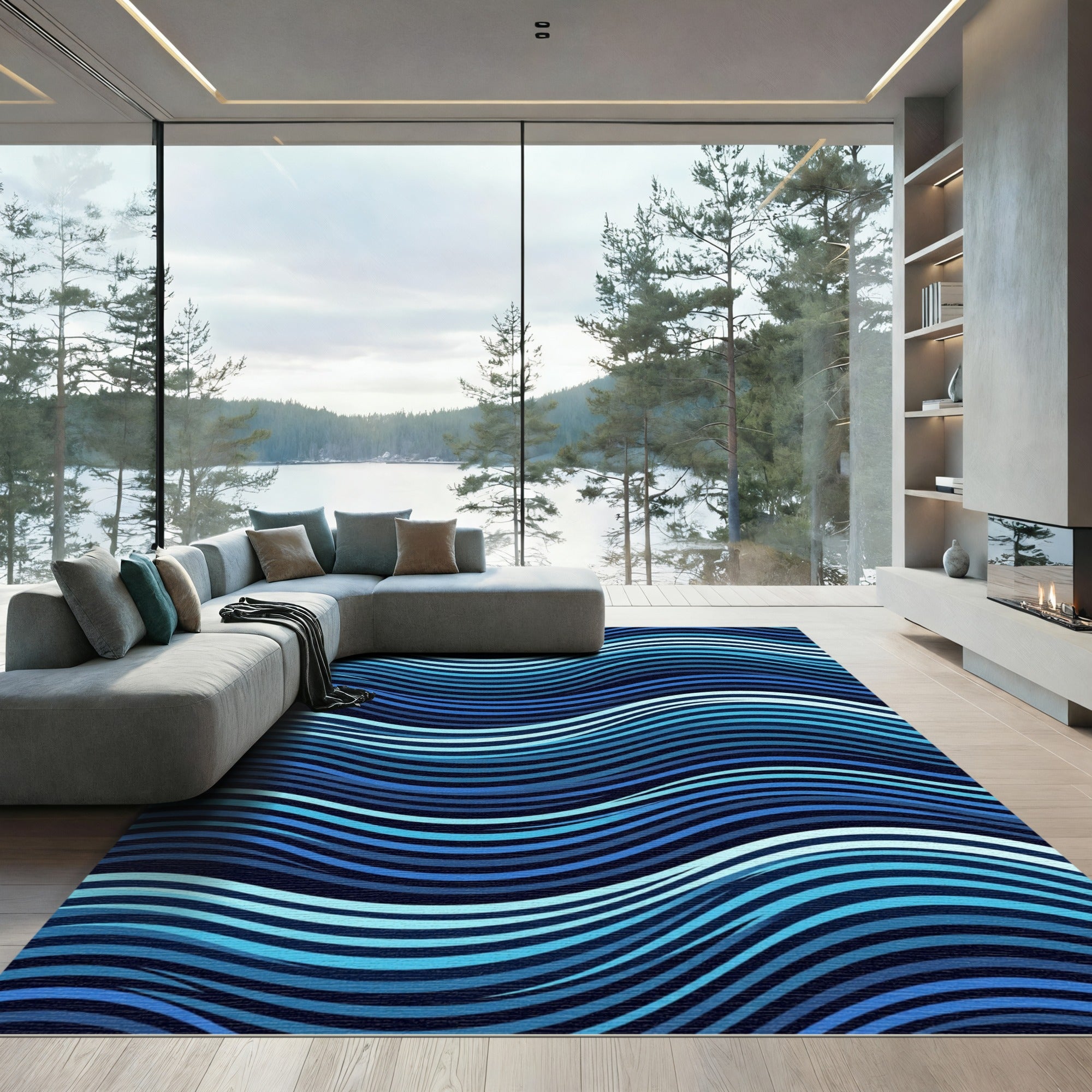 Deep Blue Waving Stripe Rug