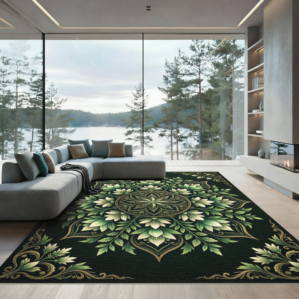 Elegant Emerald Botanical Floral Medallion Rug
