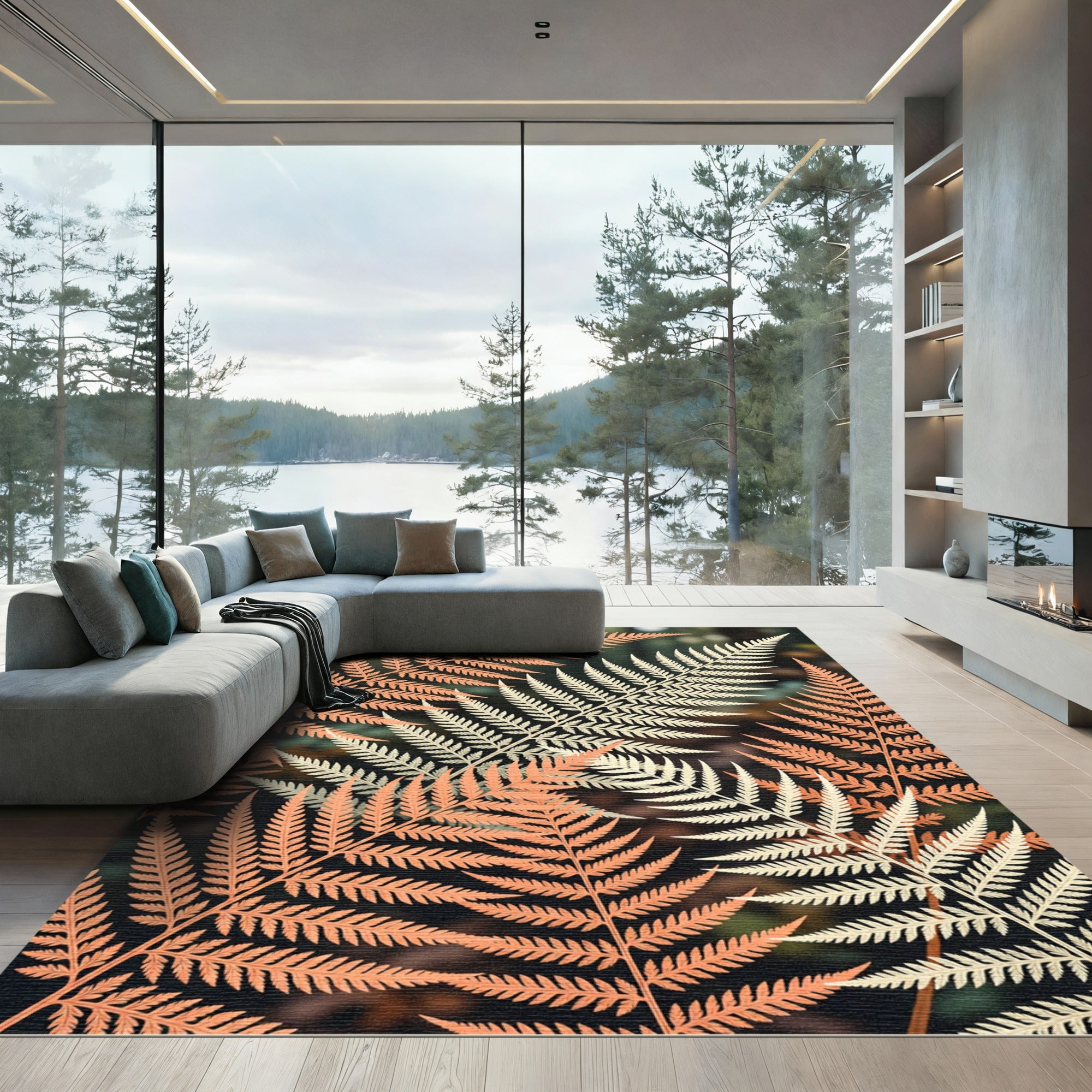 Coral Ivory Fern Frond Arrangement Rug