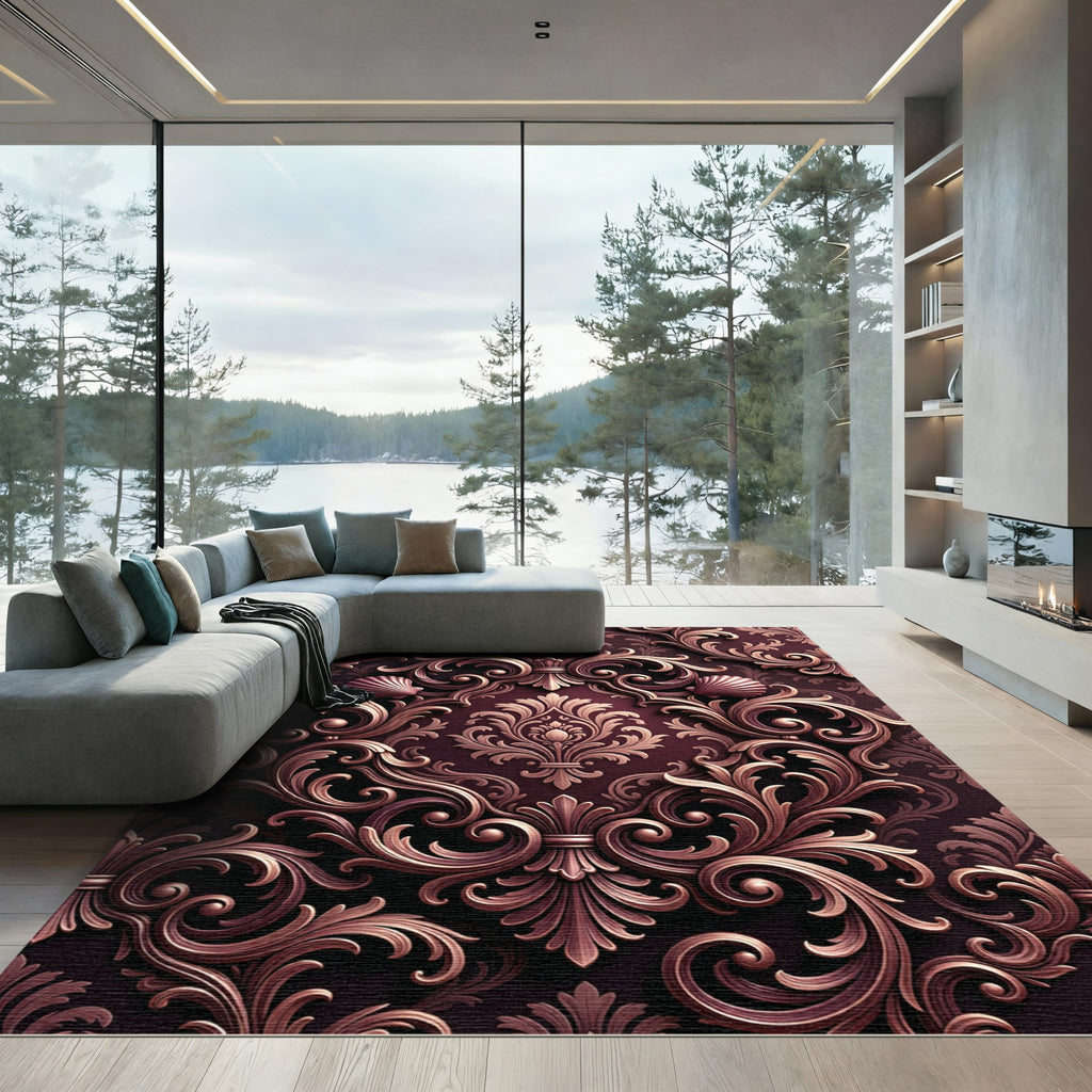 Ornate Damask Scroll Shell Burgundy Rug
