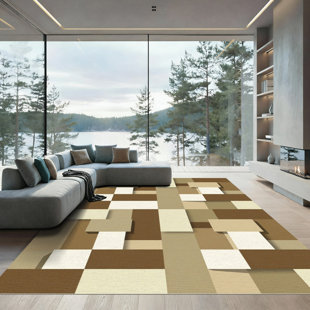 Earthy Tone Geometric Blocks Overlay Rug