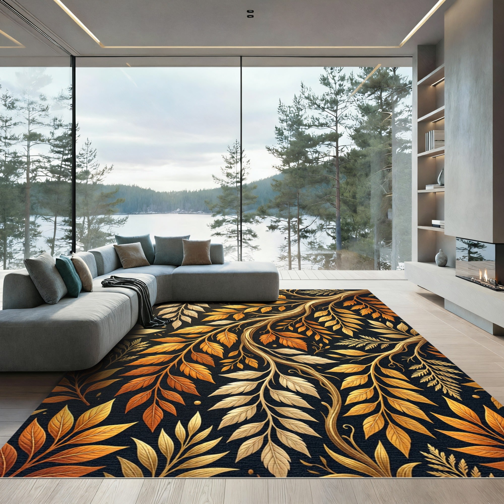 Golden Autumn Foliage Branch Tapestry Rug