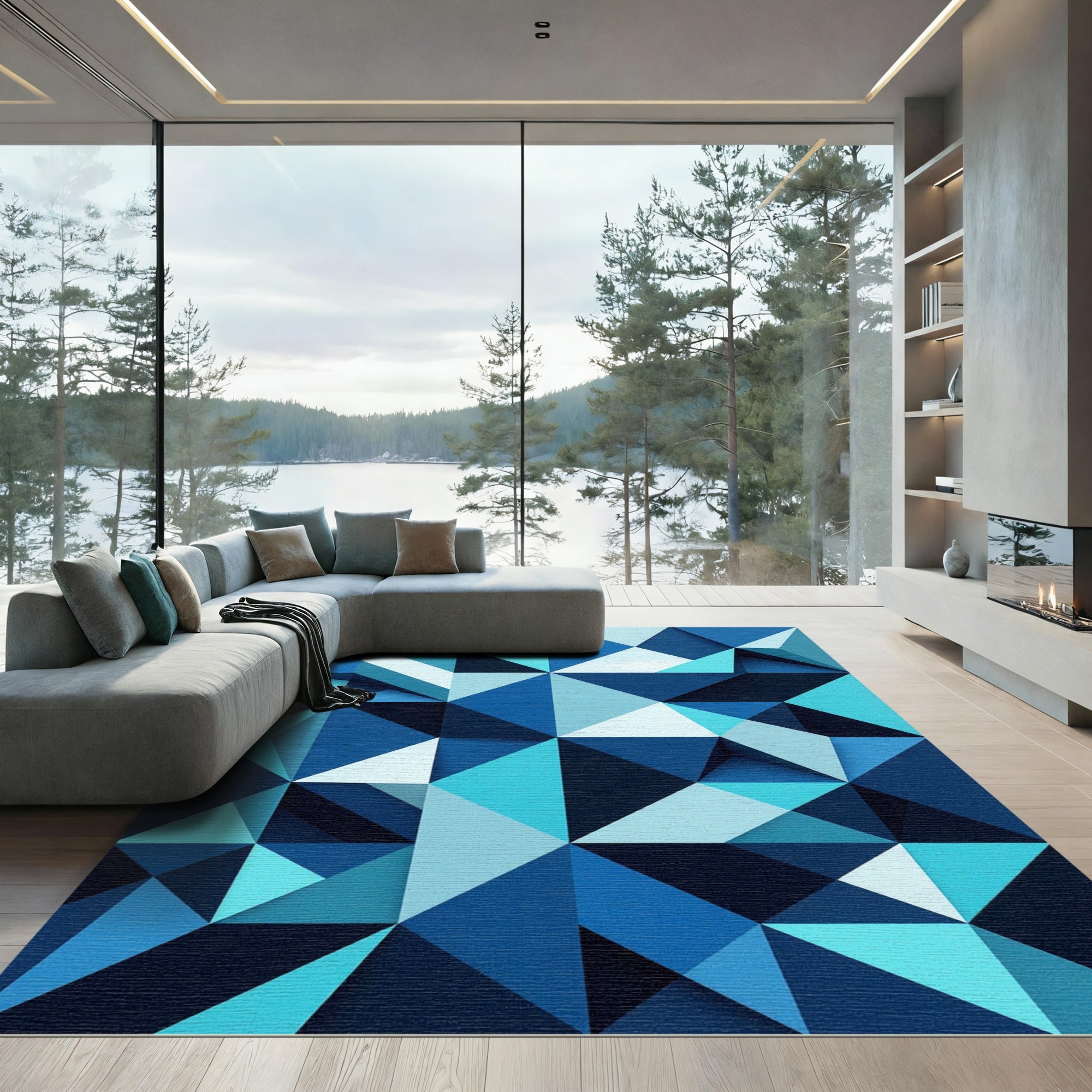 Modern Blue Geometric Angular Prism Rug