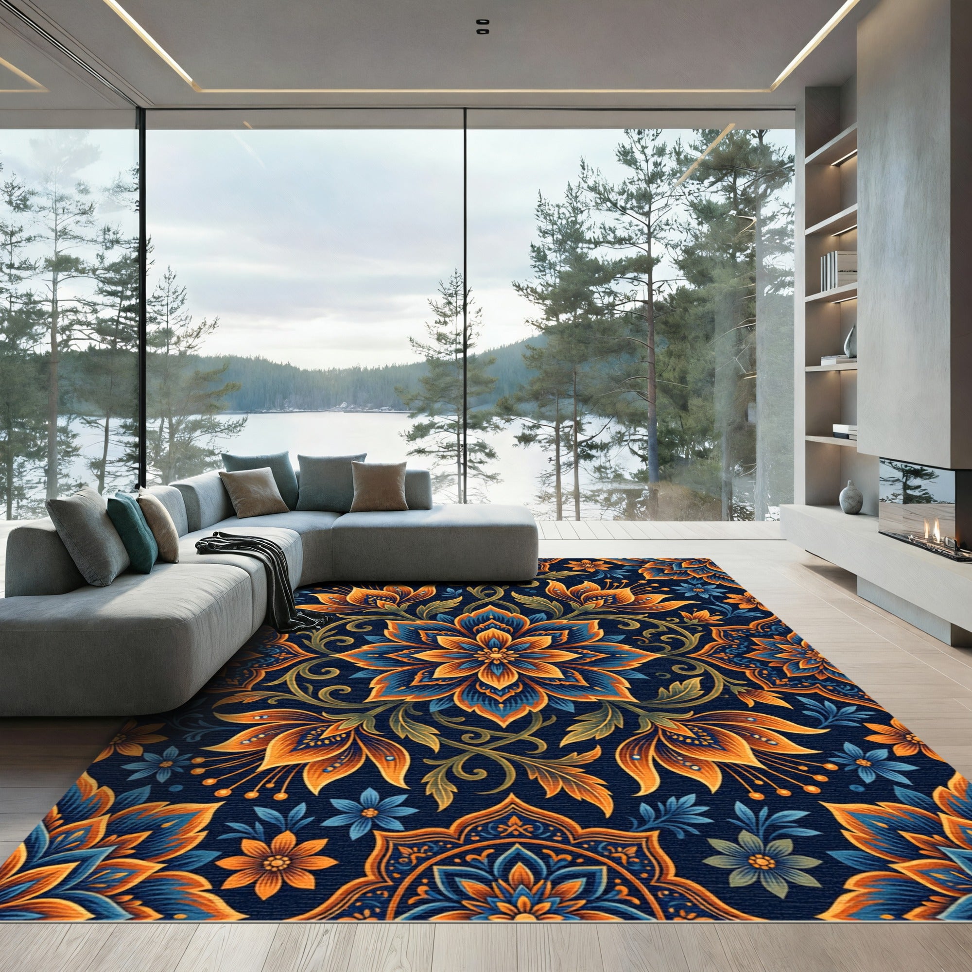 Deep Blue Orange Floral Medallion Rug