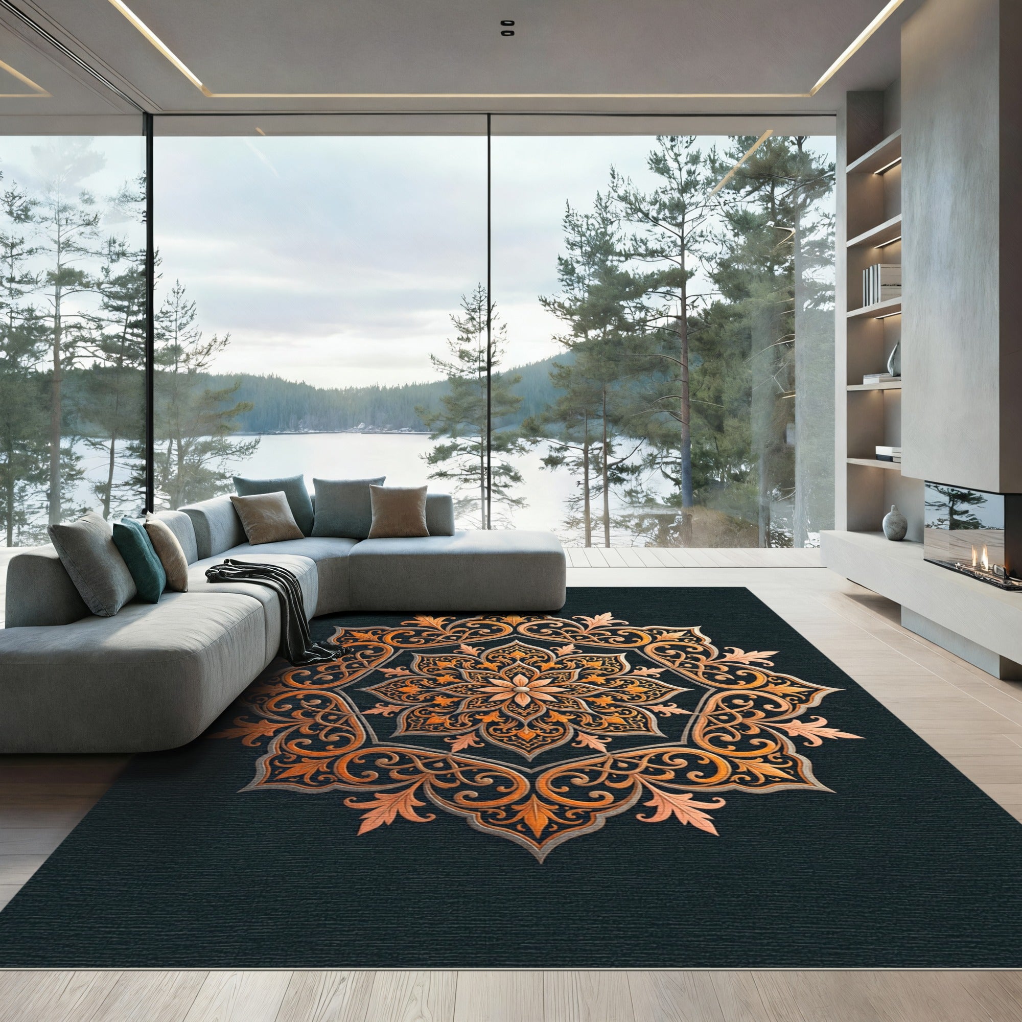 Golden Orange Intricate Floral Mandala Rug
