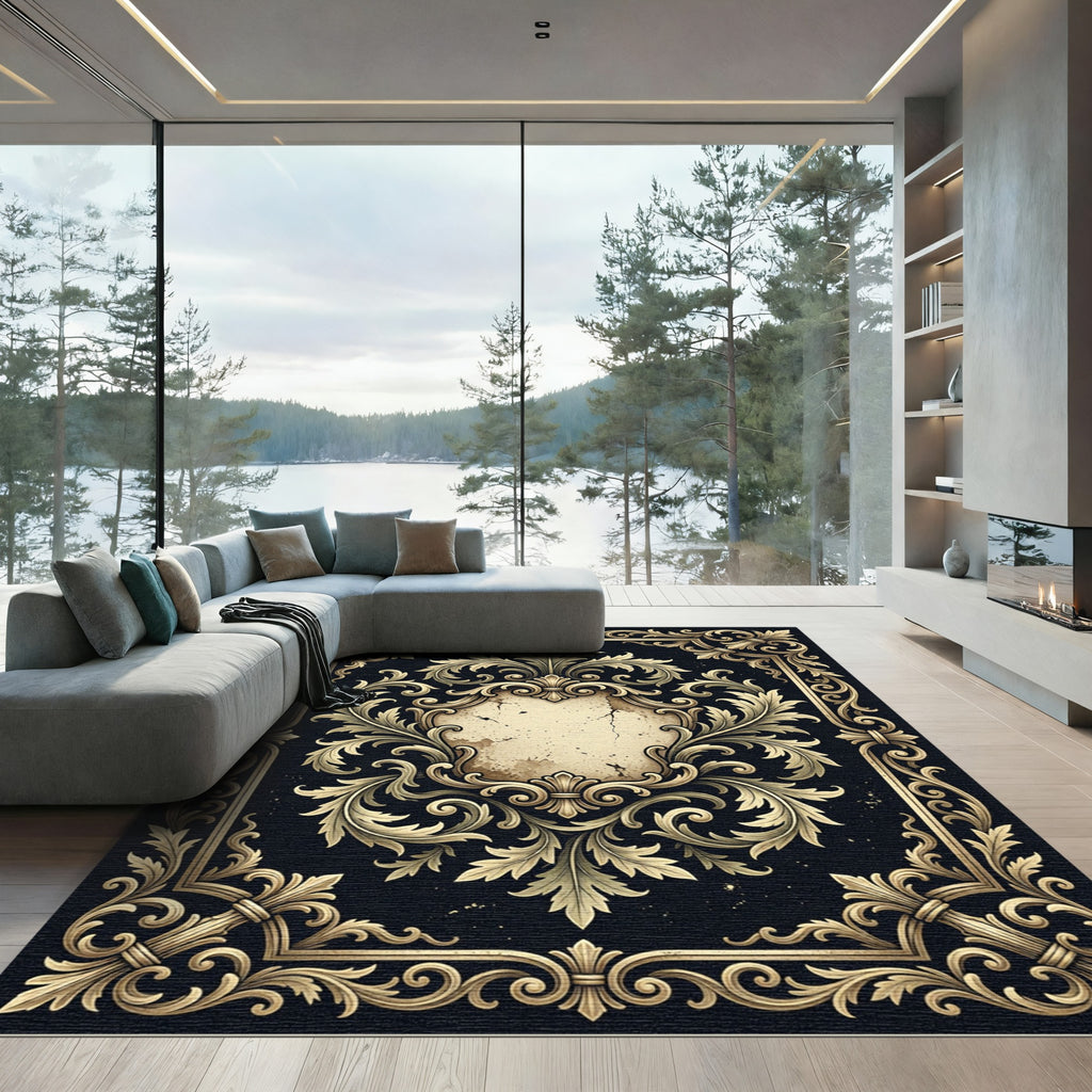 Ornate Gold Filigree Scroll Dark Frame Rug