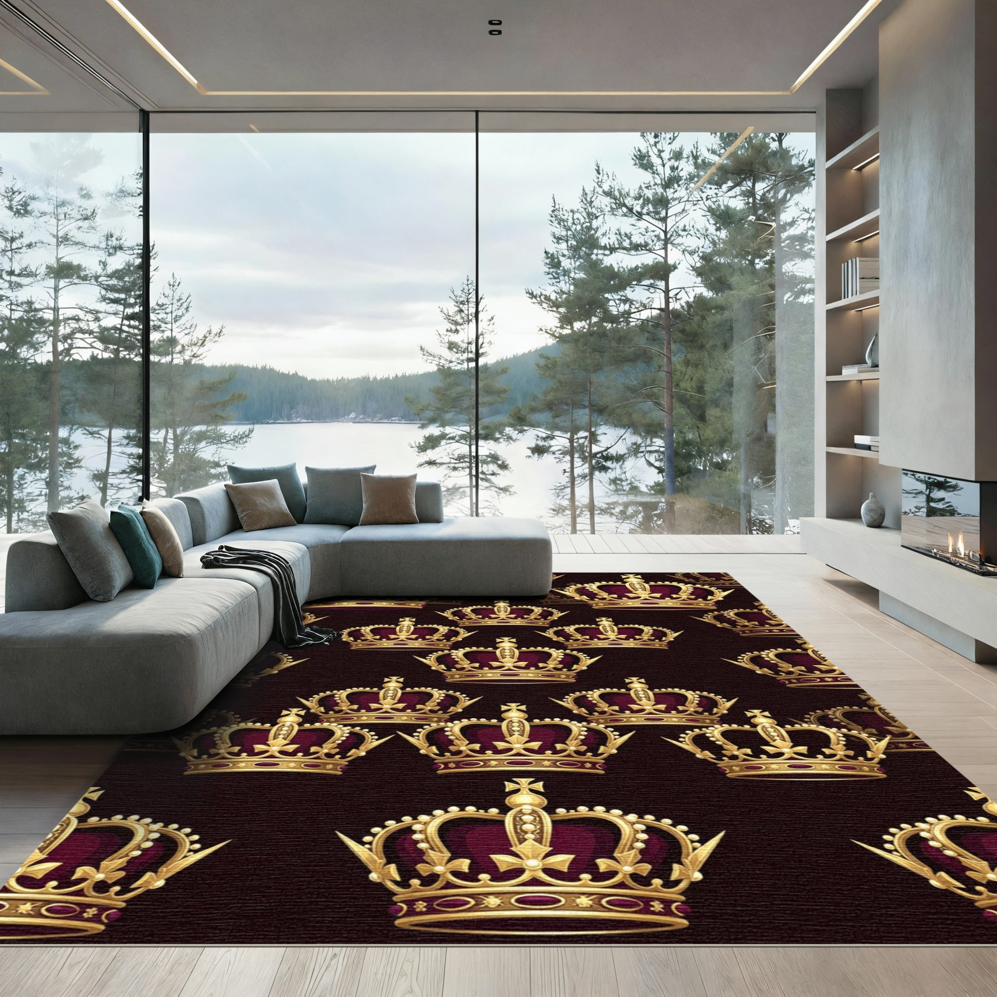 Regal Gold Crown Maroon Wallpaper Rug