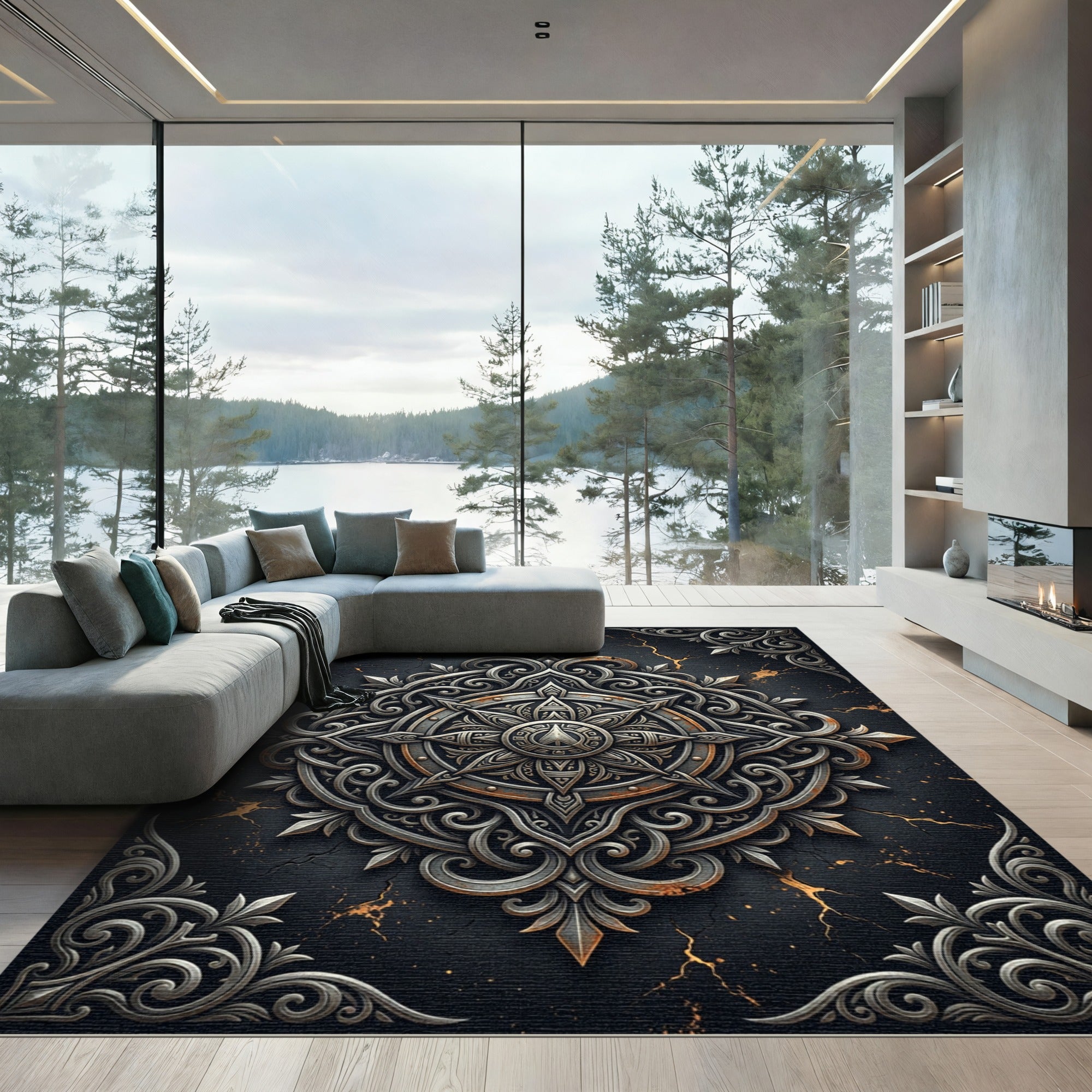 Ornate Metallic Silver Celestial Compass Rug