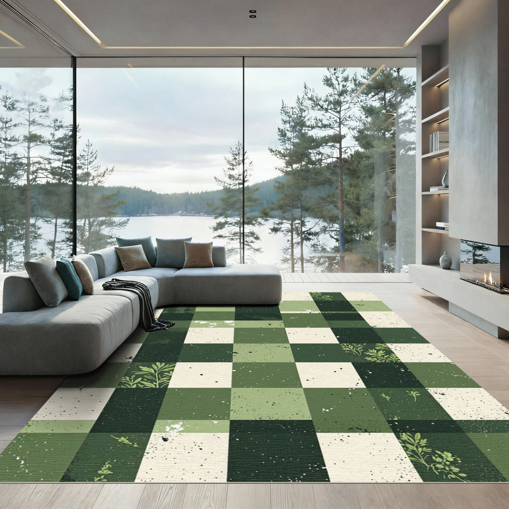 Deep Forest Green Botanical Checkerboard Rug