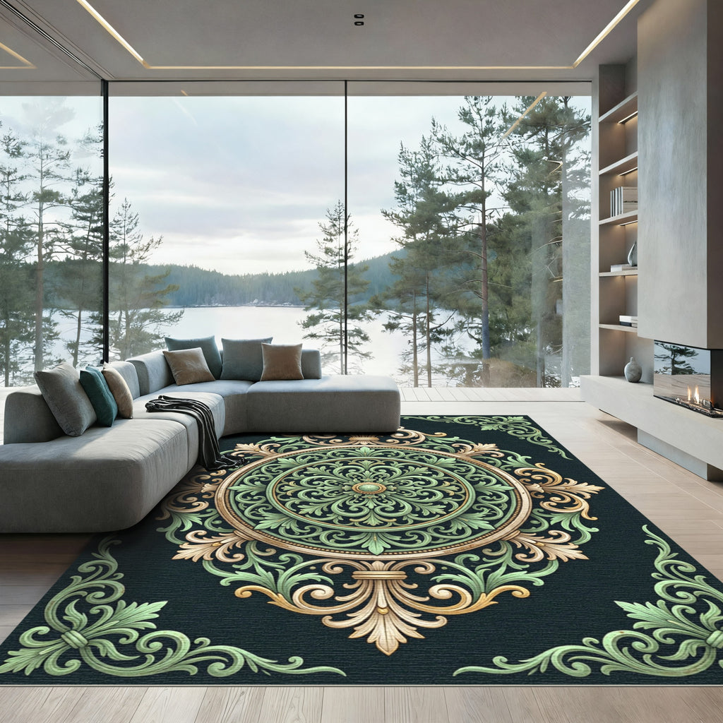 Ornate Sage and Gold Damask Medallion Rug