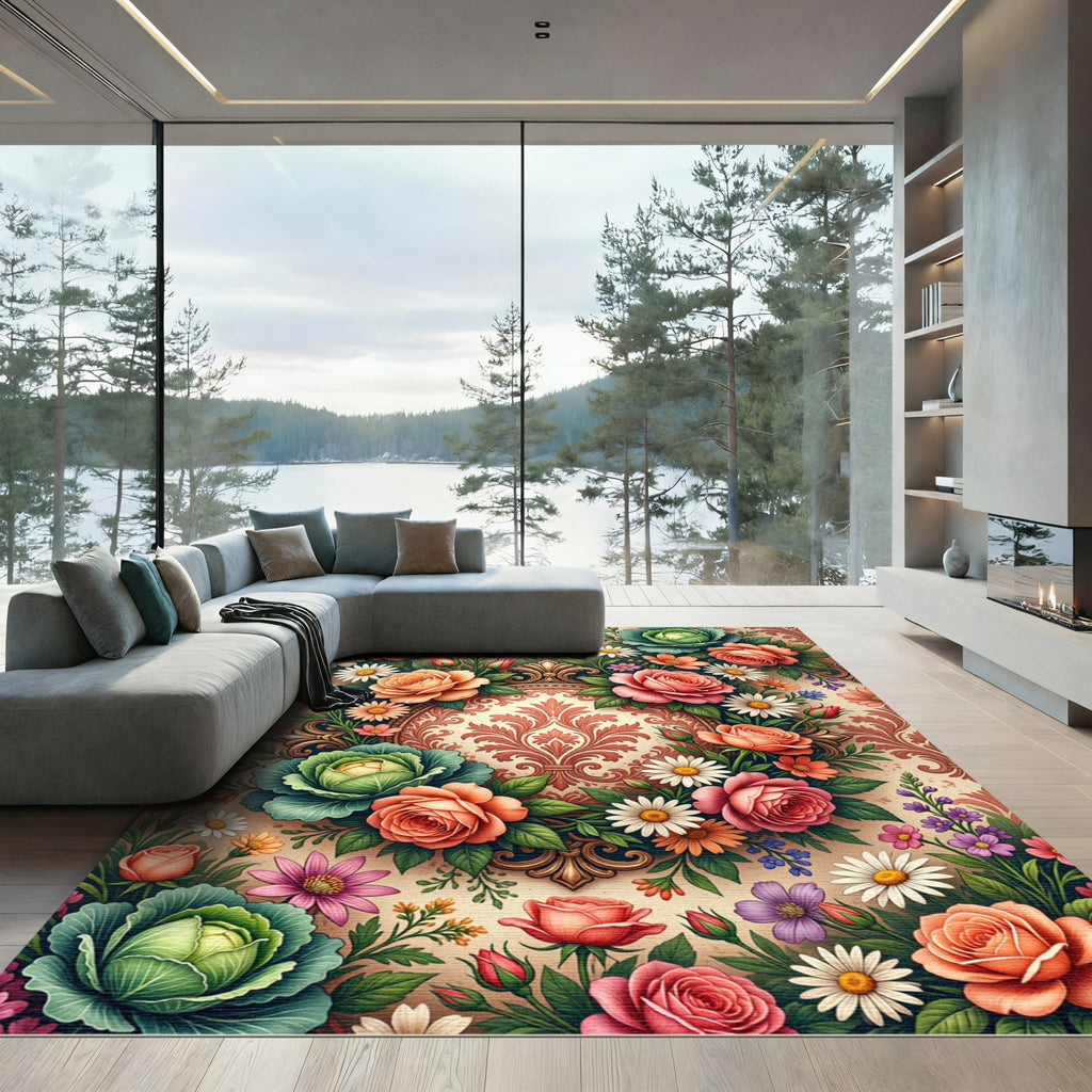 Elegant Victorian Rose and Cabbage Bouquet Rug