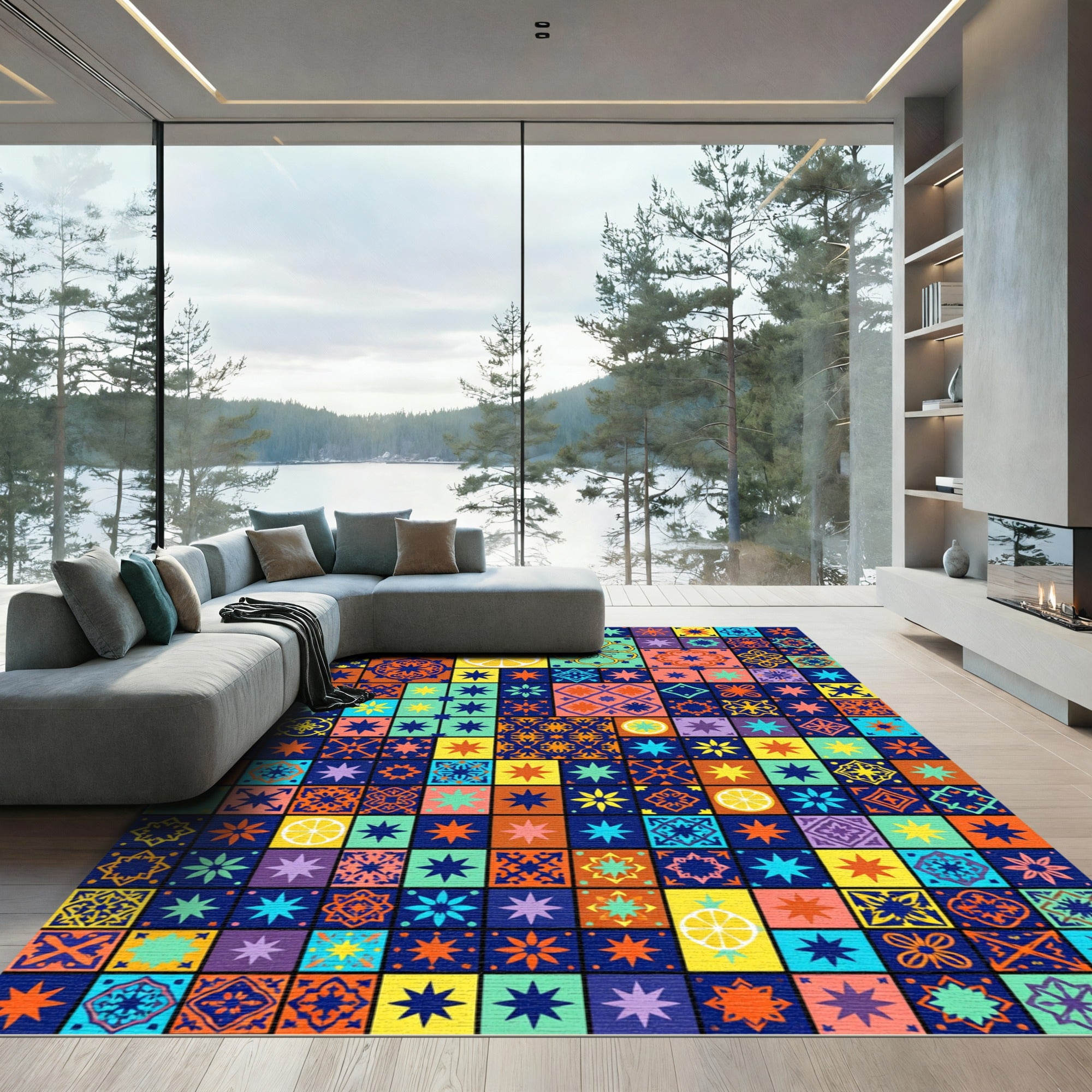 Vibrant Mediterranean Mosaic Citrus Star Tile Rug