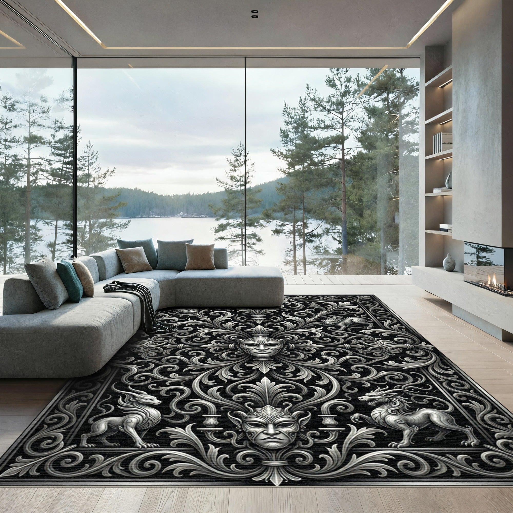 Monochrome Baroque Mask Filigree Scrollwork Art Rug
