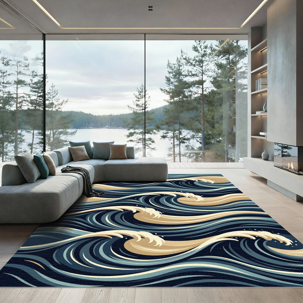 Deep Blue Tan Swirling Ocean Waves Rug