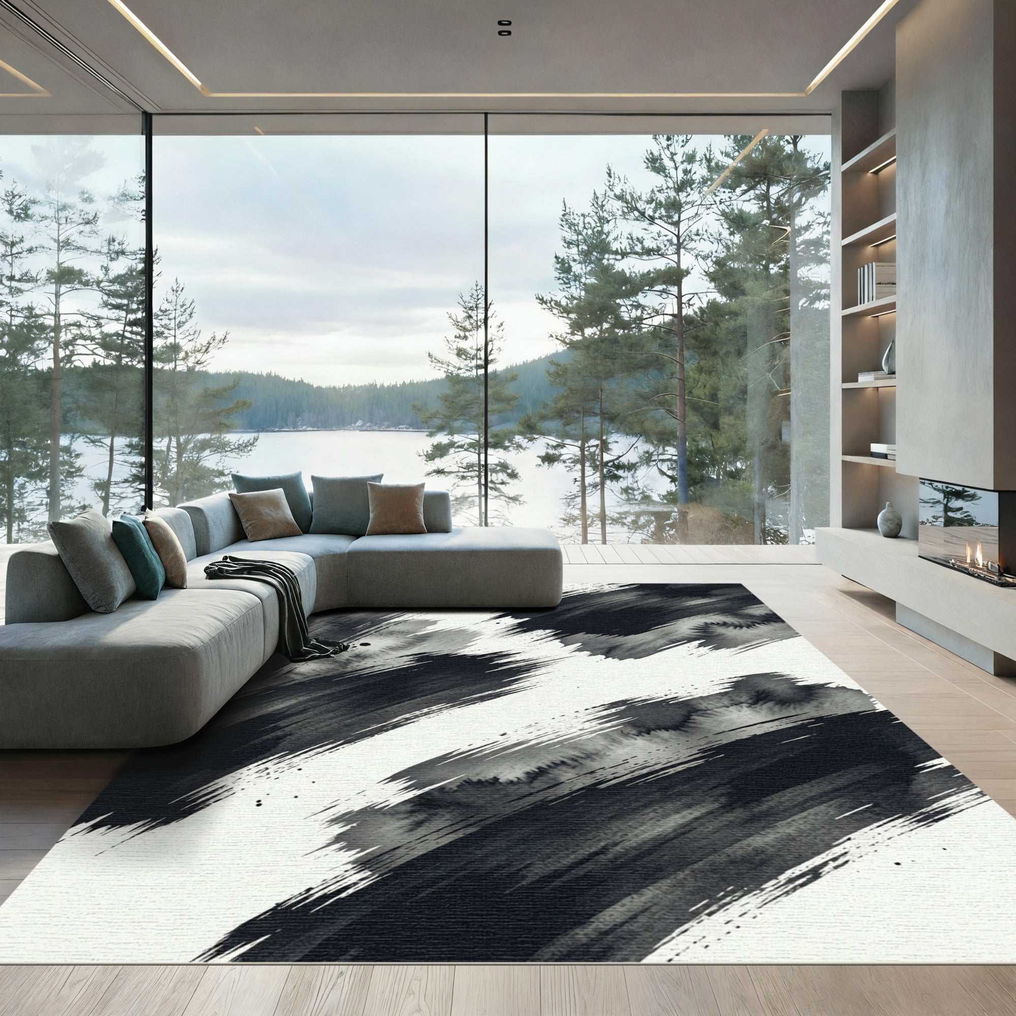 Monochrome Abstract Splatter Brush Strokes Rug