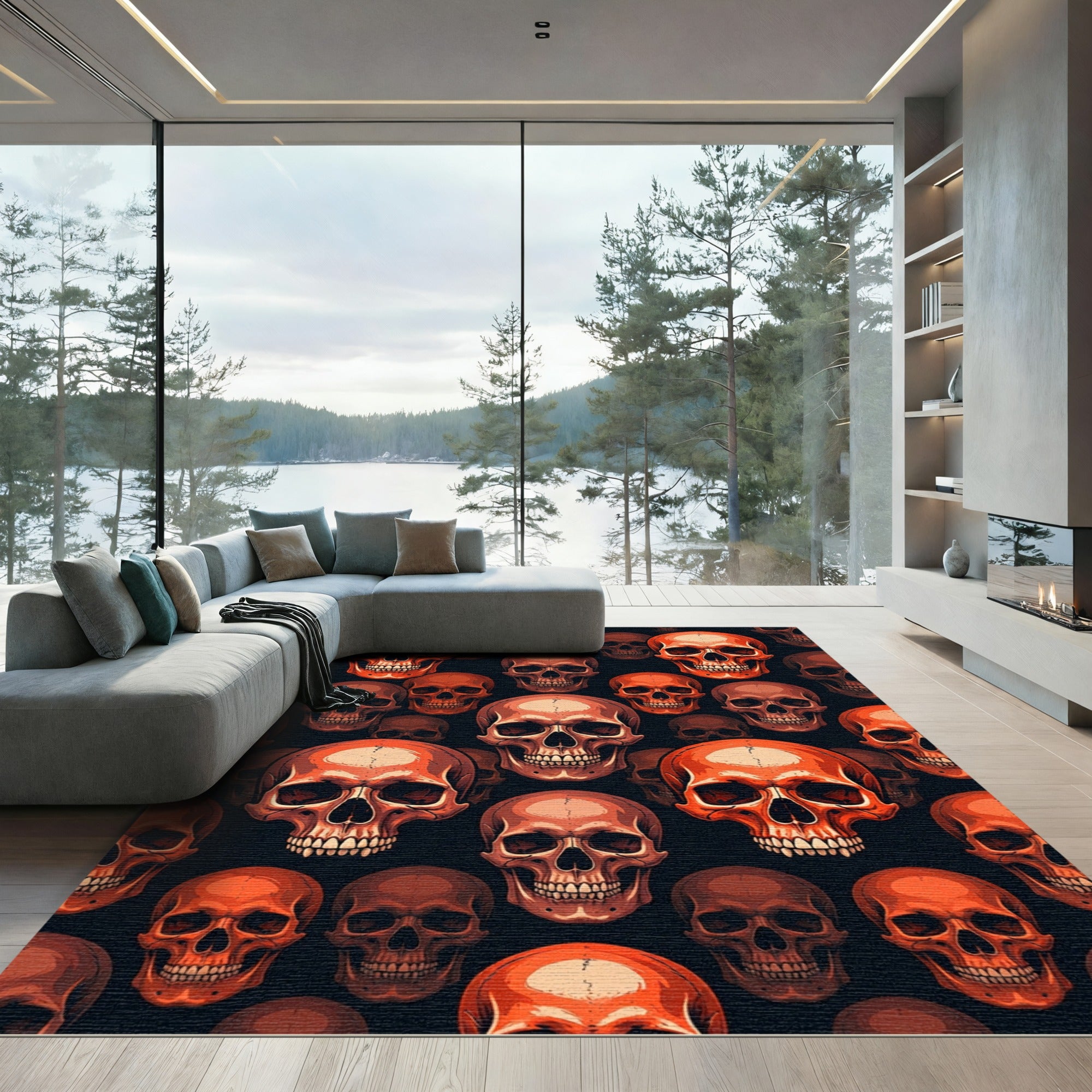 Bold Orange Skull Graphic Art Rug