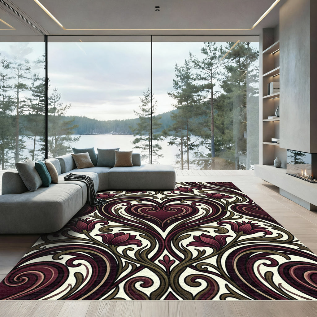 Dark Burgundy Heart Floral Damask Rug