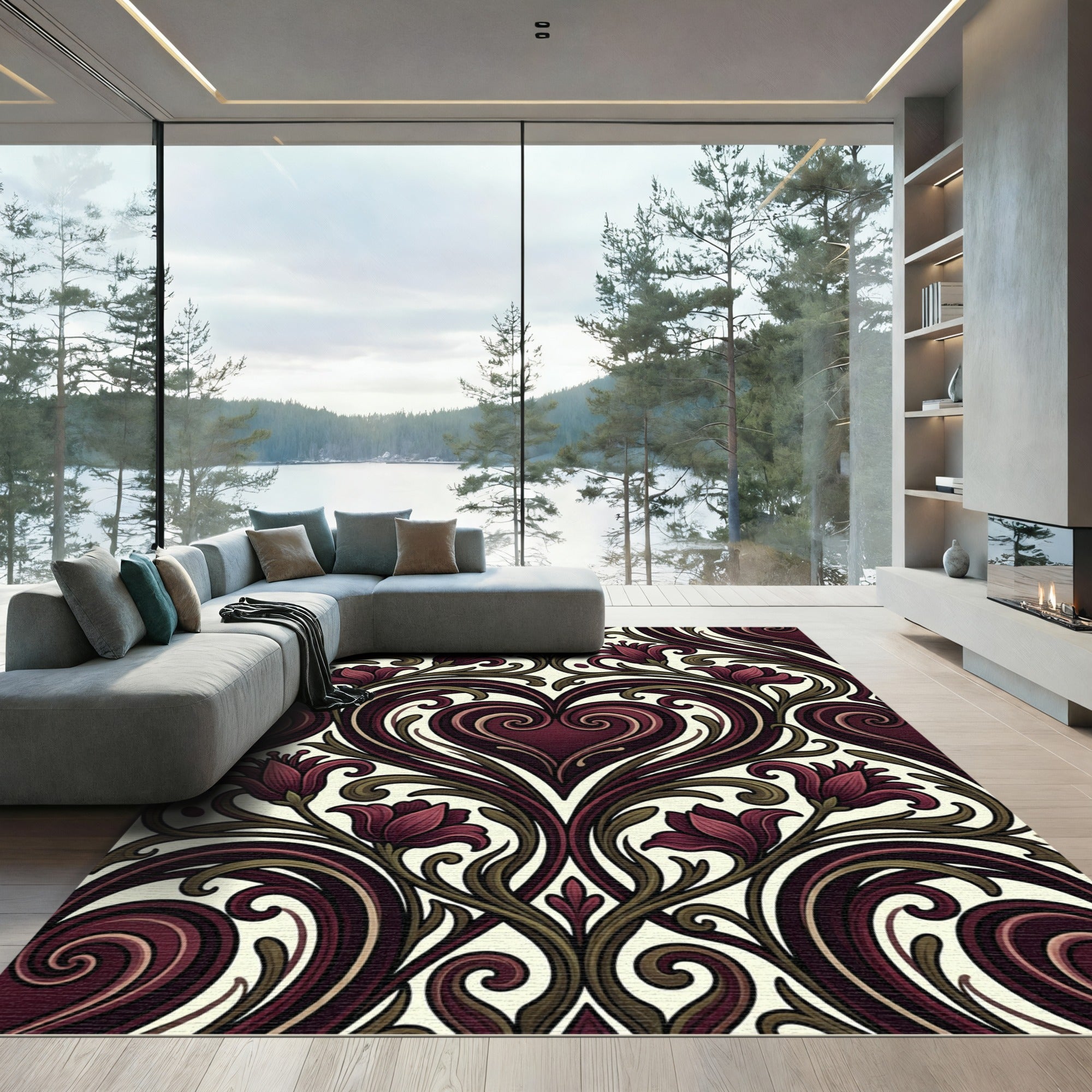 Dark Burgundy Heart Floral Damask Rug