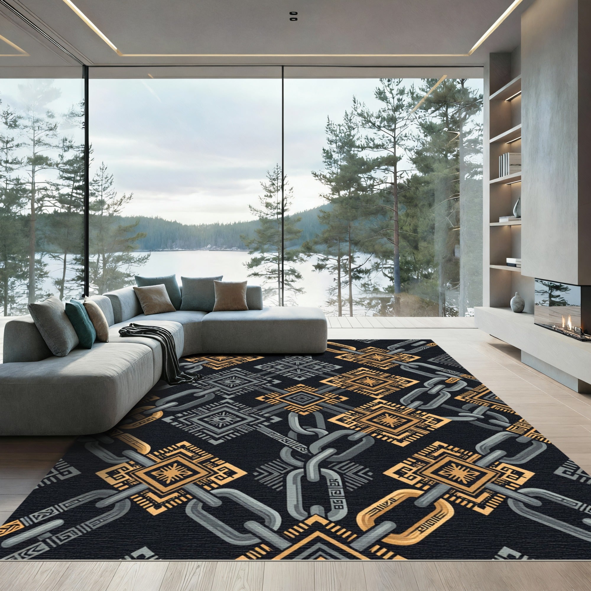 Golden Chain and Geometric Onyx Abstract Rug