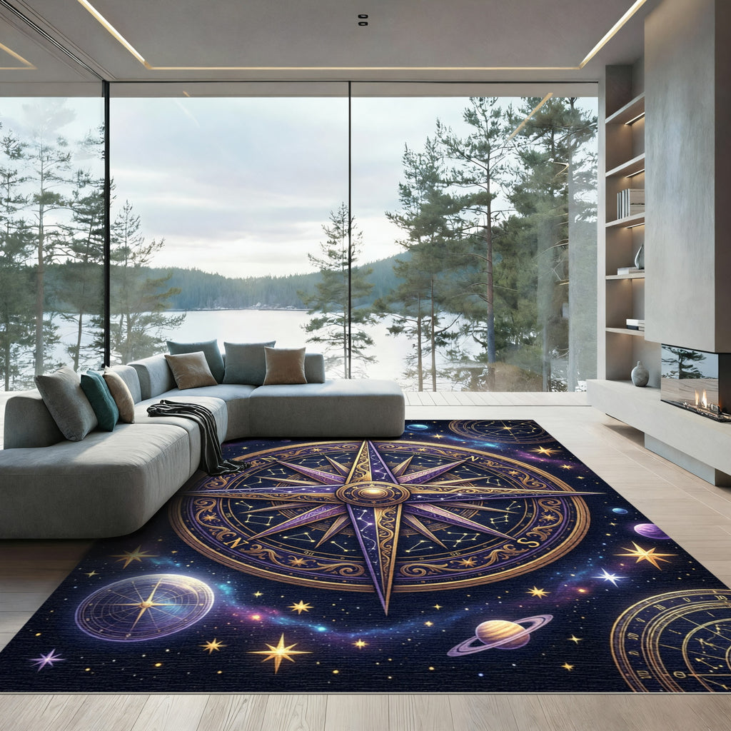 Cosmic Celestial Gold Constellation Compass Rug