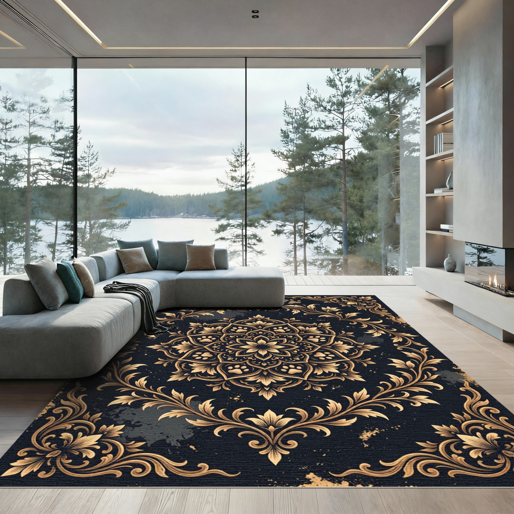 Elegant Gold Paw Flower Medallion Rug