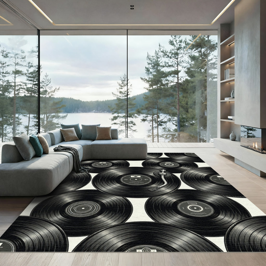 Retro Black Vinyl Record Grid Rug