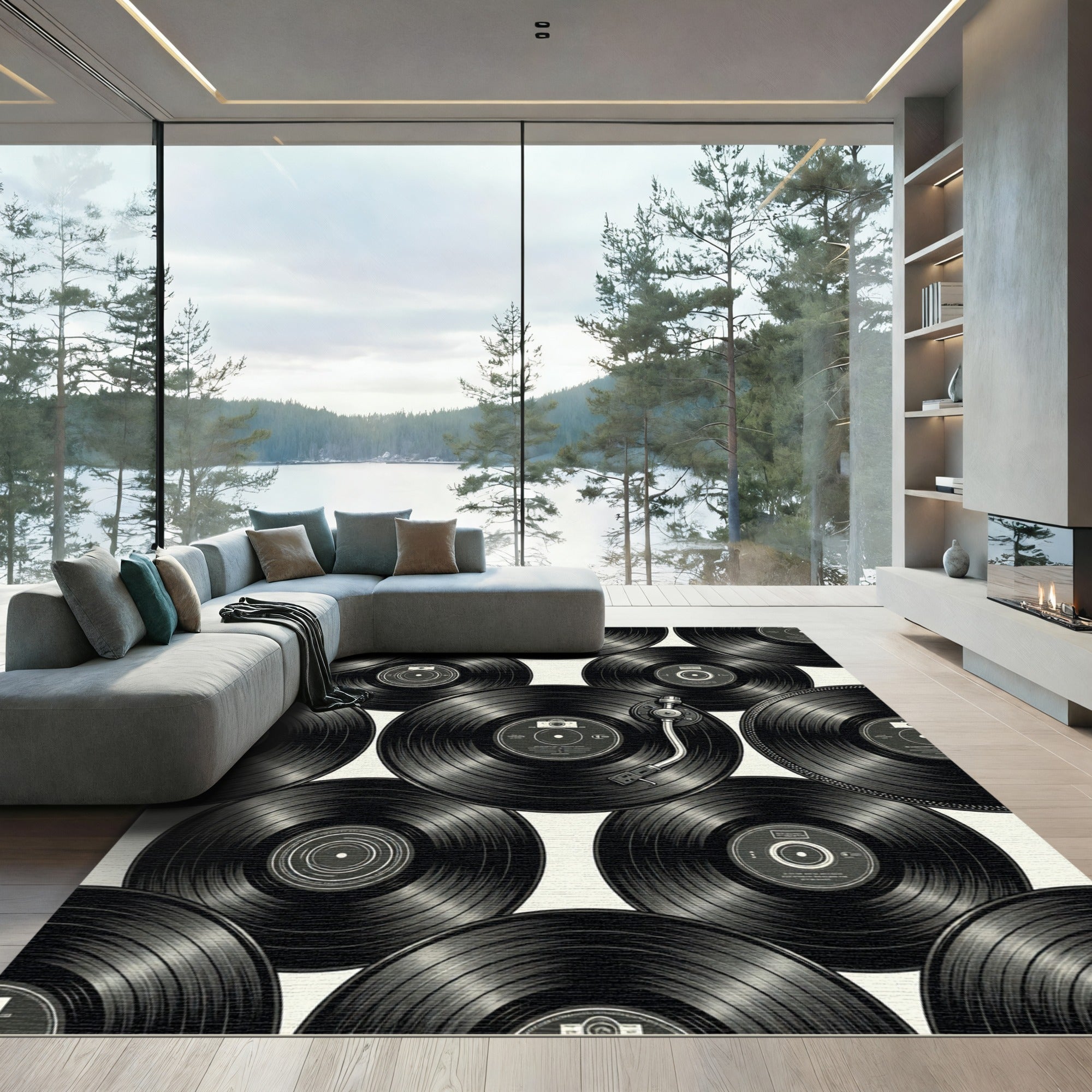 Retro Black Vinyl Record Grid Rug