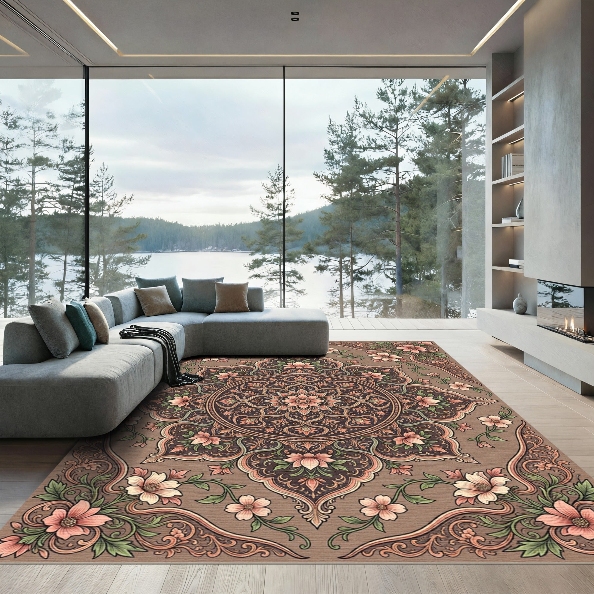 Vintage Peach Floral Medallion Garden Rug