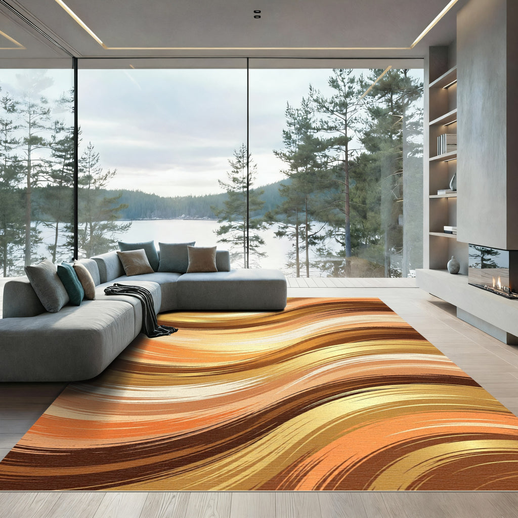 Golden Ochre Abstract Fluid Wave Rug