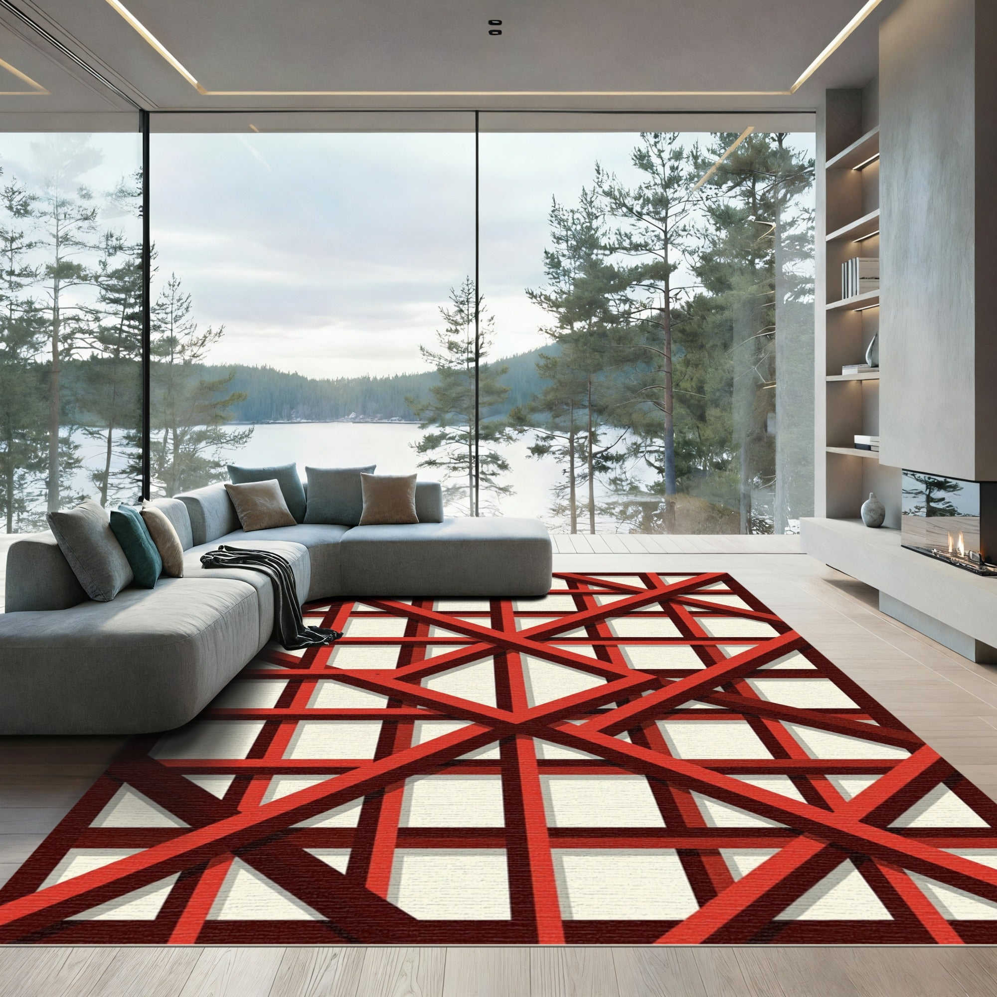 Bold Red Intersecting Grid Rug