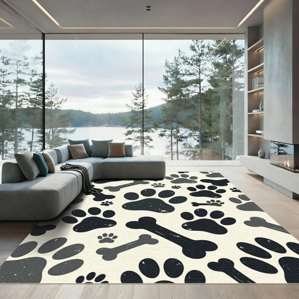Playful Black Paw and Bone Illustration Rug