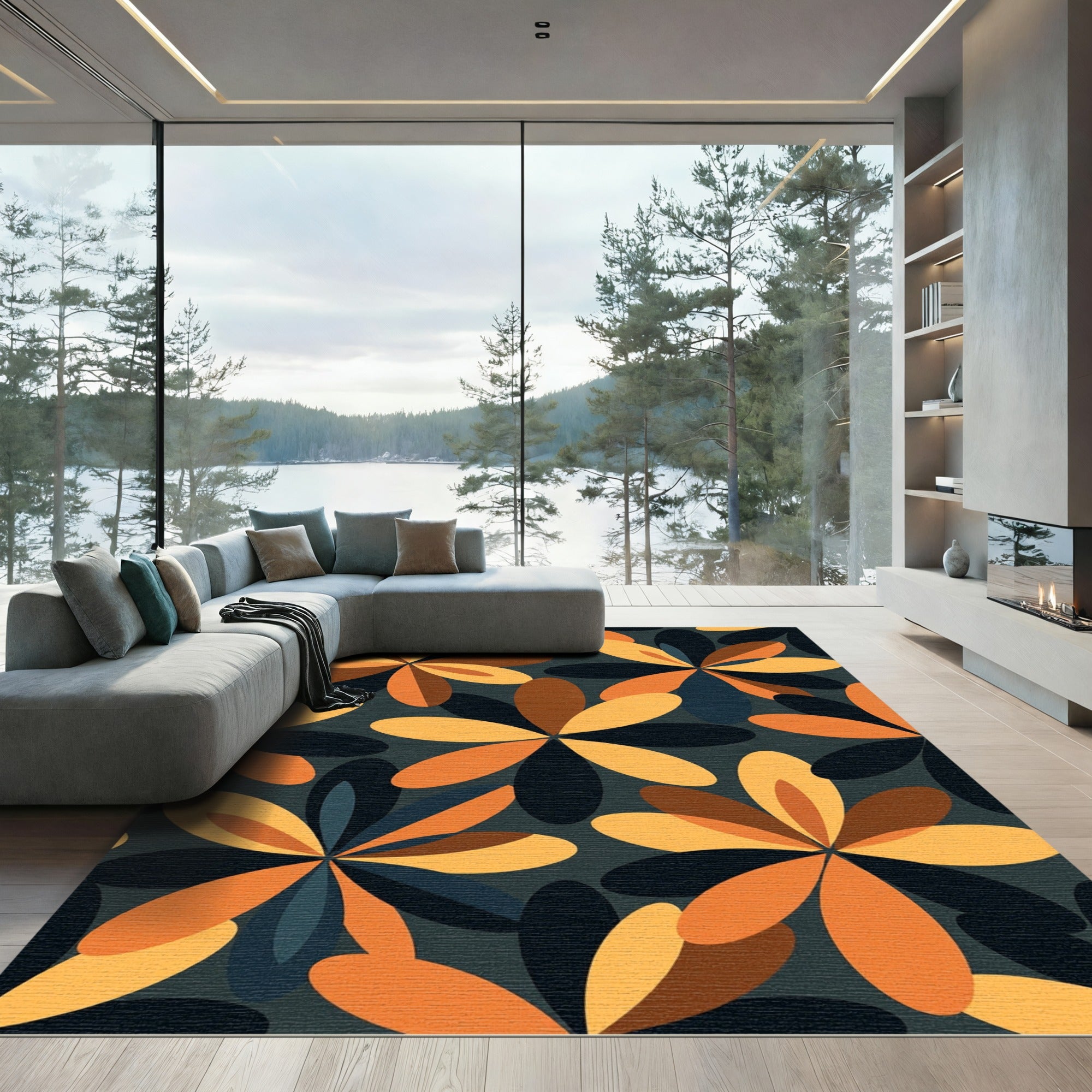 Retro Mid-Century Golden Floral Graphic Rug