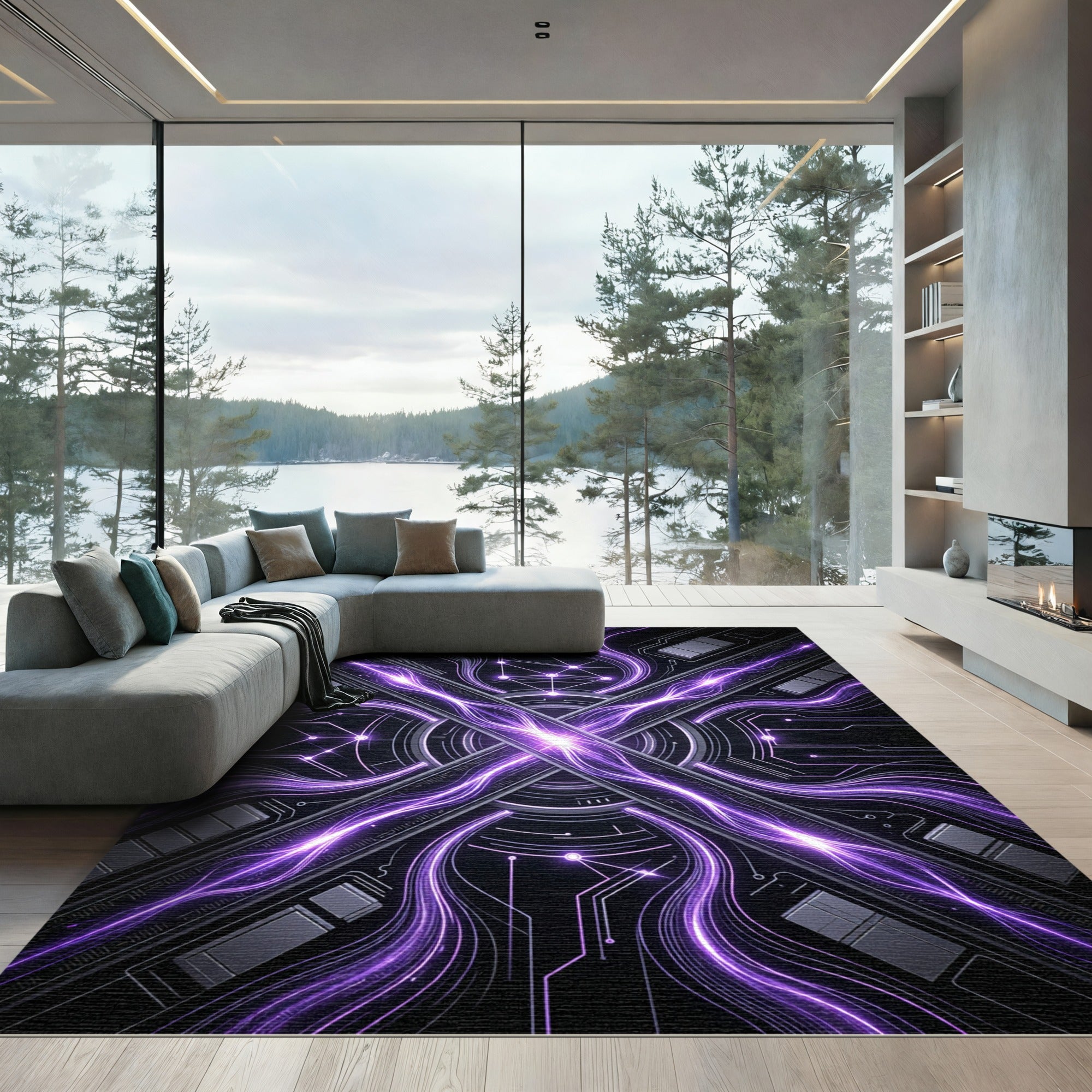 Futuristic Violet Circuitry Abstract Rug